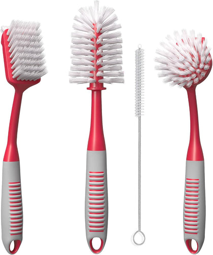 Dish Brush Set of 4 - Kitchen Scrub Brushes with Non-Slip Long Handle for Cleaning, Scrubber, Dishwashing, Dishes