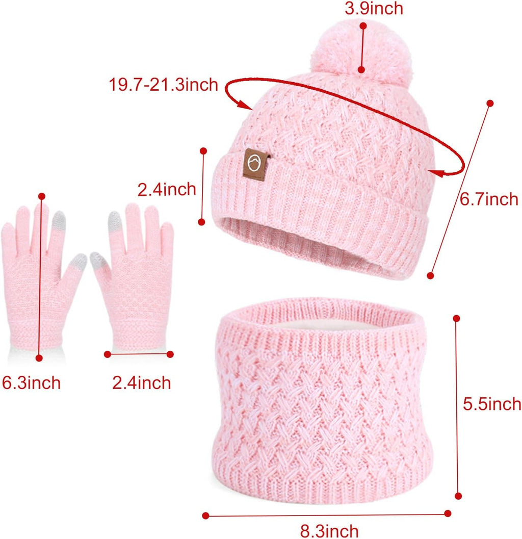 Kids Winter Hat Gloves Scarf Set, Pom Wool Warm Fleece Beanie Knit Neck Gaiter Mittens for 4-10 Years Children
