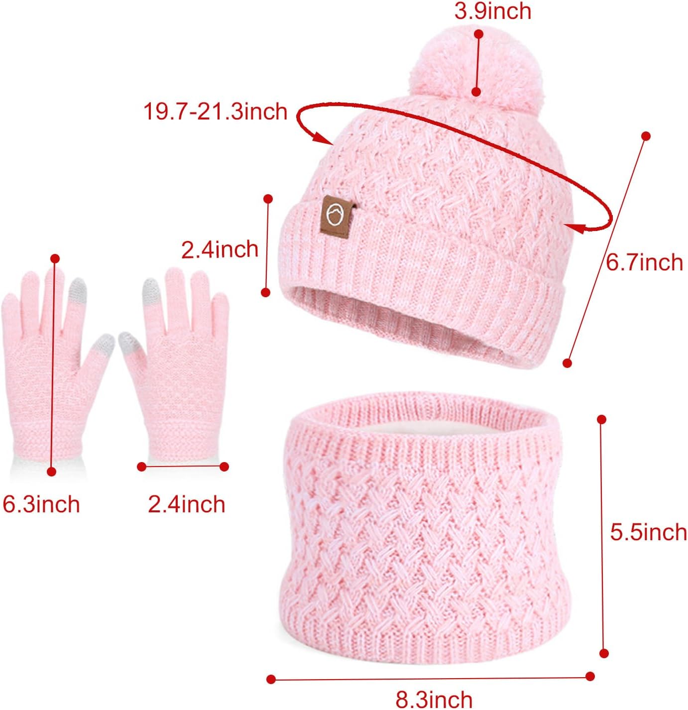 Kids Winter Hat Gloves Scarf Set, Pom Wool Warm Fleece Beanie Knit Neck Gaiter Mittens for 4-10 Years Children