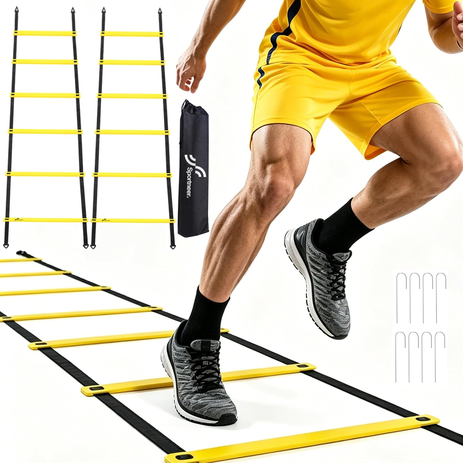 Agility Ladder Speed Training Set 12 Rungs 20ft Detachable Exercise Ladders in 2pcs (6 rungs Each) with Ground Stakes