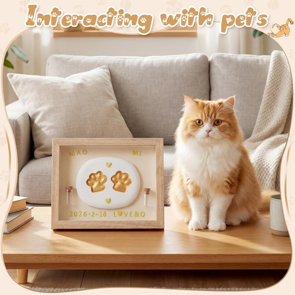 Dog Cat Paw Print Frame Kit, 8 Inch Pet Memorial Shadow Box with Clay Impression Kit, Hair & Teeth Keepsake, DIY Paw