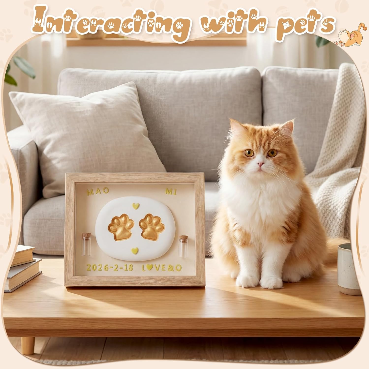 Dog Cat Paw Print Frame Kit, 8 Inch Pet Memorial Shadow Box with Clay Impression Kit, Hair & Teeth Keepsake, DIY Paw