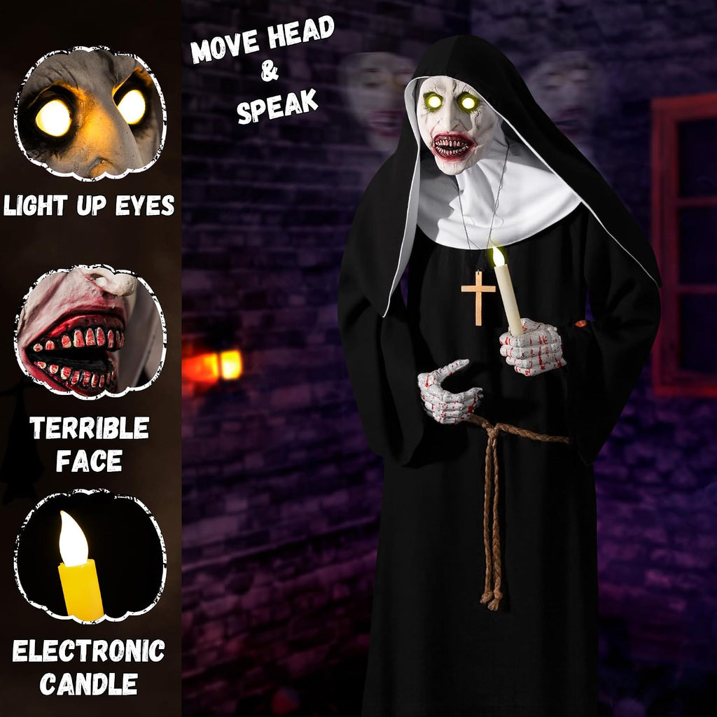 Halloween Animatronics 6ft Nun Animated 72inch Sister Decoration with Motion Sensor Activated, Creepy Sound, Scary
