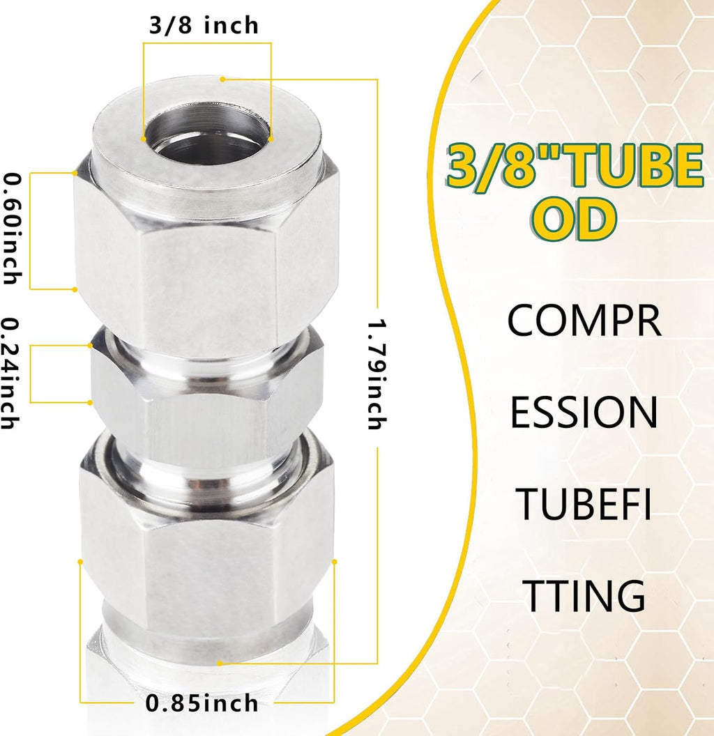 Yoebor 304 Stainless Steel Compression Union 3/8" OD x 3/8" OD Coupling 2pc