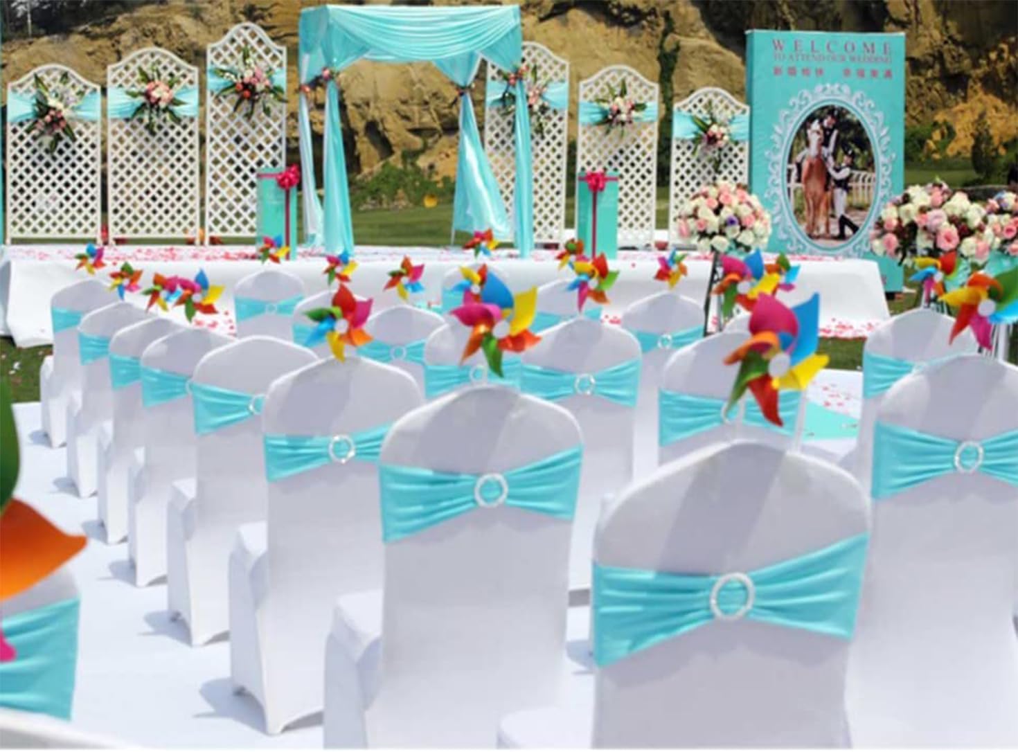 Pack of 50 Stretch Baby Blue Chair Sashes for Wedding, Elastic Chair Bands with Buckle Slider, Spandex Chairs Bows