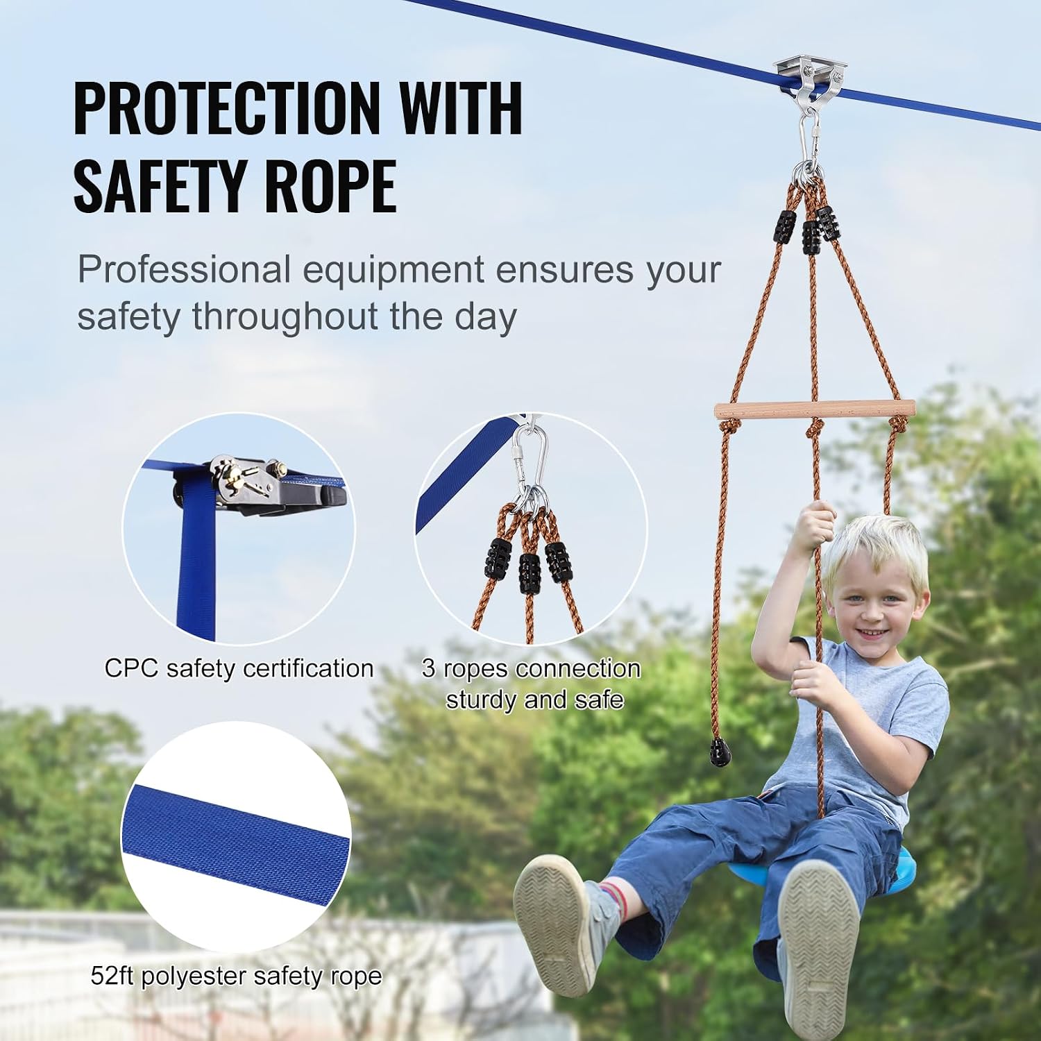 Zipline Kit for Kids and Adult, 52 ft Zip Line Kits Up to 330 lb, Backyard Outdoor Quick Setup Zipline, Playground