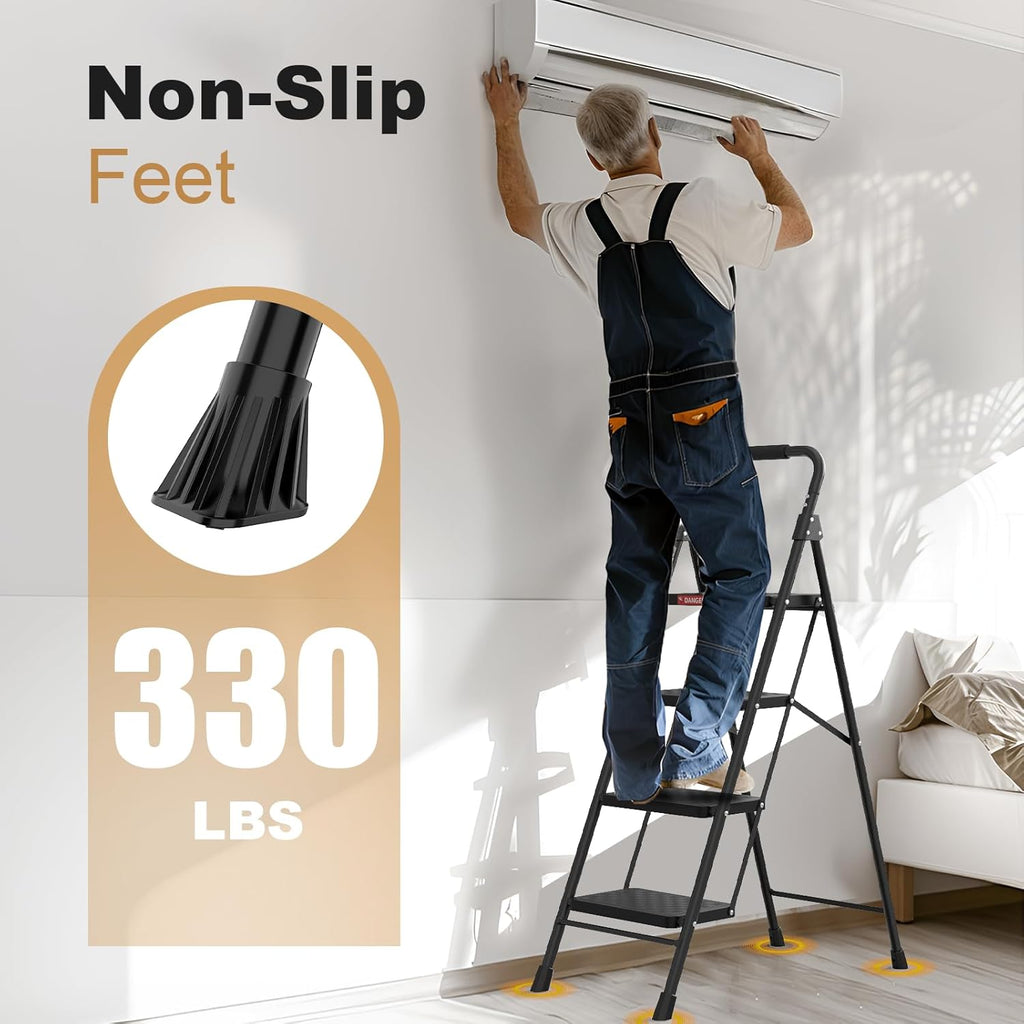Step Ladder, 4 Step Ladder with Wide Anti-Slip Pedal, Step Stool Foldable with Cushioned Handle, 330 Capacity for