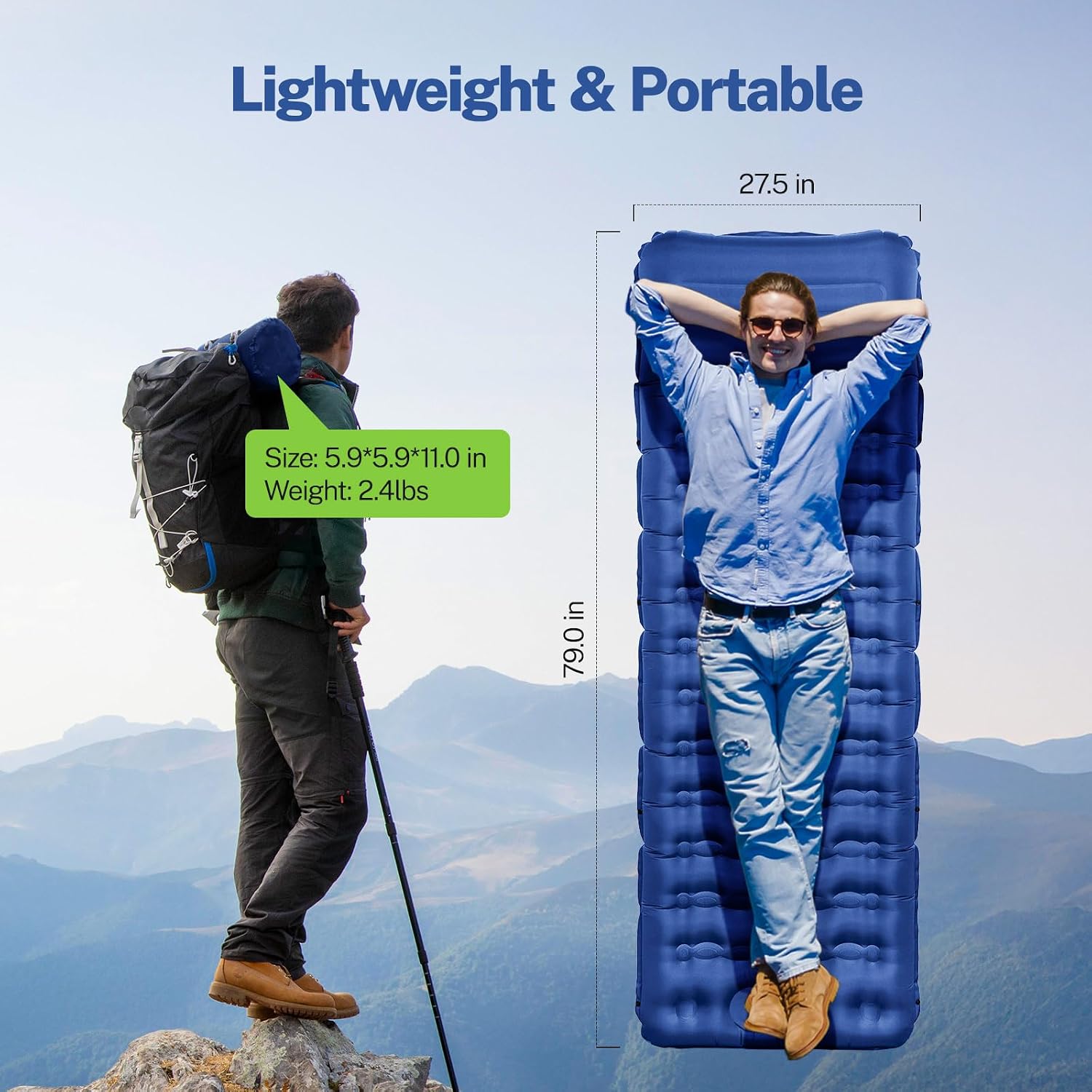 Sleeping Pad for Camping, 6" Extra-Thick Reinforced Camping Pad | Sleeping Mat With Pillows & Built-in Foot Pump