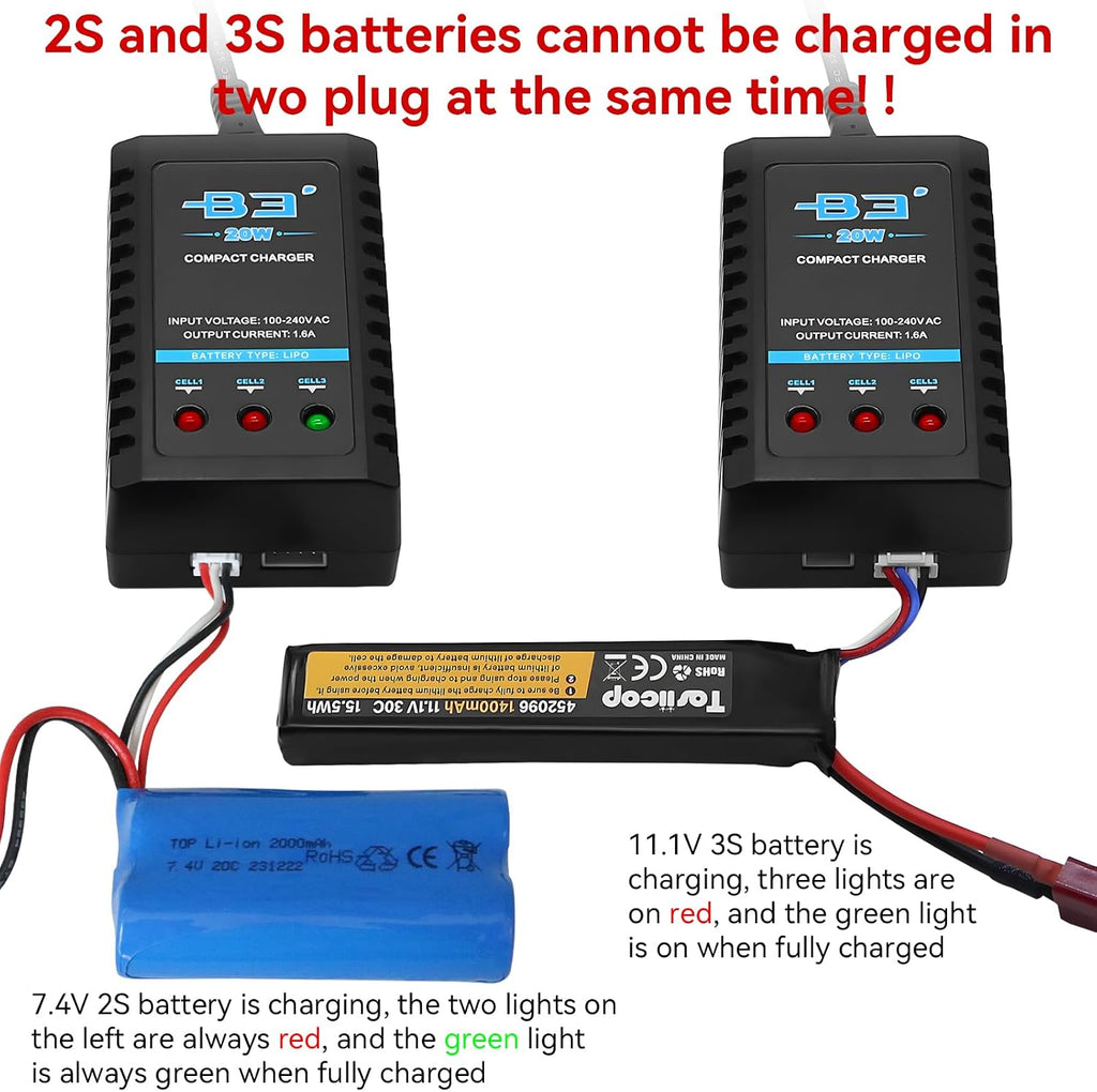 B3 Lipo Battery Charger - 2S 3S RC Balance Chargers AC 7.4-11.1V 20W 1.6A with XH3P XH4P Plug for RC Car Batteries