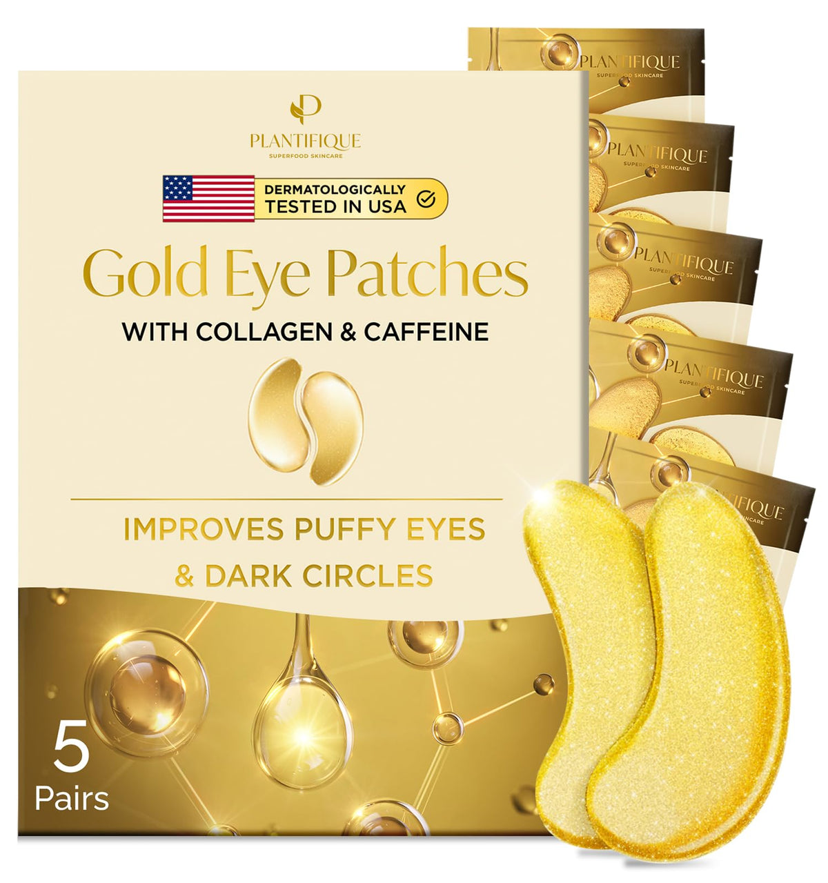 24K Gold Under Eye Patches for Puffy Eyes, Dark Circles 5 Pairs