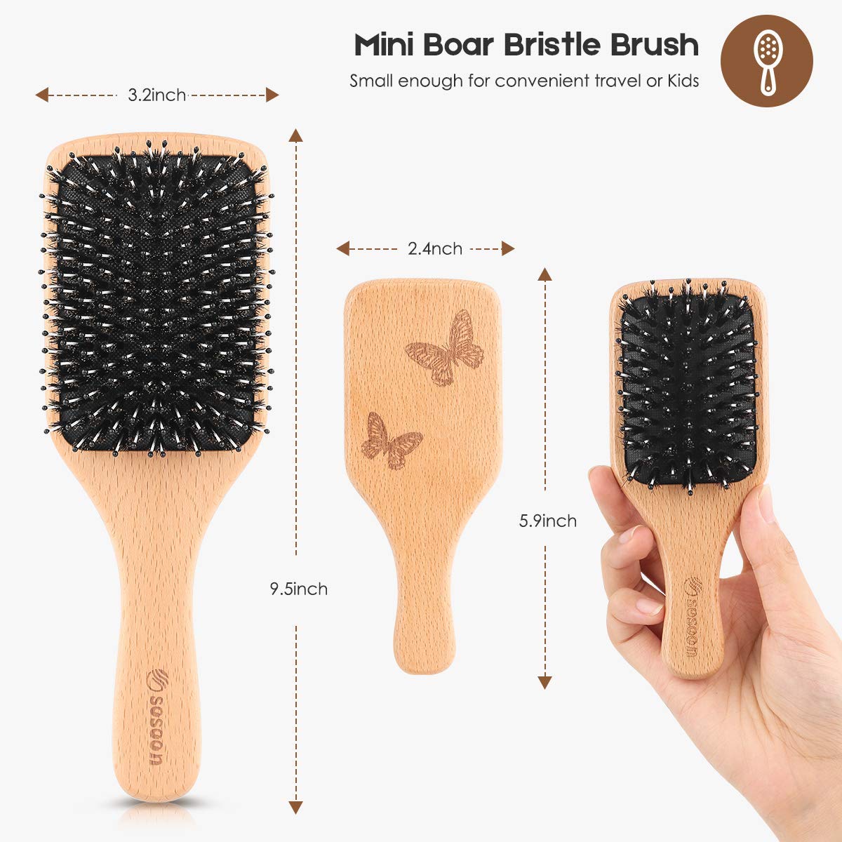 Hair Brush, 2 Pack Boar Bristle Paddle Hairbrush for Women Men Kids Reducing Frizzy, No More Tangle, Small Travel