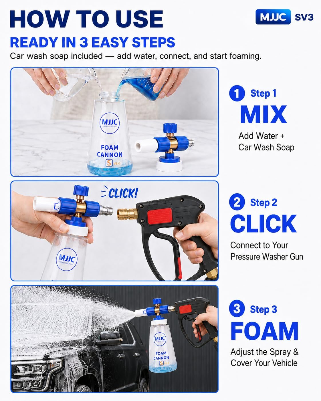 Foam Cannon S V3.0 (Thicker Snow Foam Technology) with 1/4 Inch Quick Connector for Pressure Washer & MJJC Foam