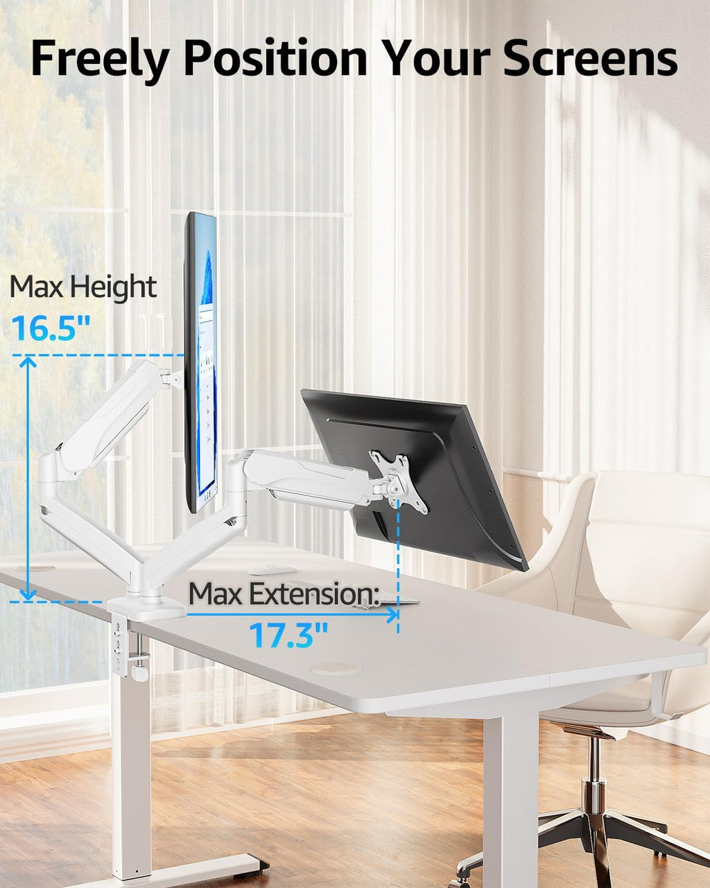 Dual Monitor Stand for Desk, Monitor Arms for 2 Monitors Max 32 Inches, Height Adjustable Double Monitor Mount, VESA