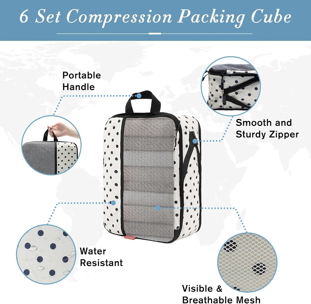 6 Set Compression Packing Cubes, Travel Organizers (Polka Dot) | Space-Saving & Drawstring Bag Included