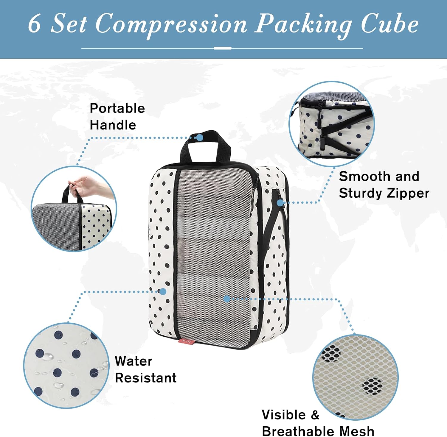 6 Set Compression Packing Cubes, Travel Organizers (Polka Dot) | Space-Saving & Drawstring Bag Included