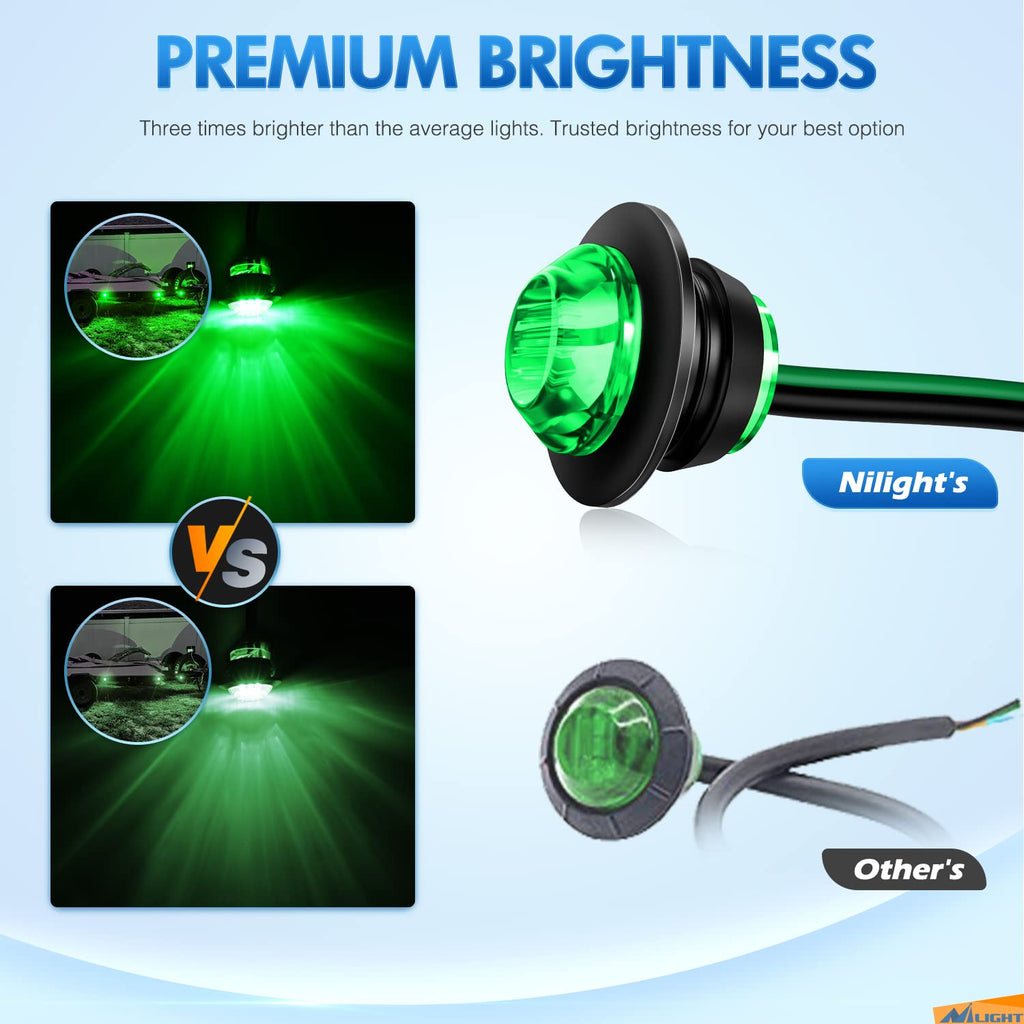 3/4" Round LED Clearance Marker Lights,Green, 10-Pack