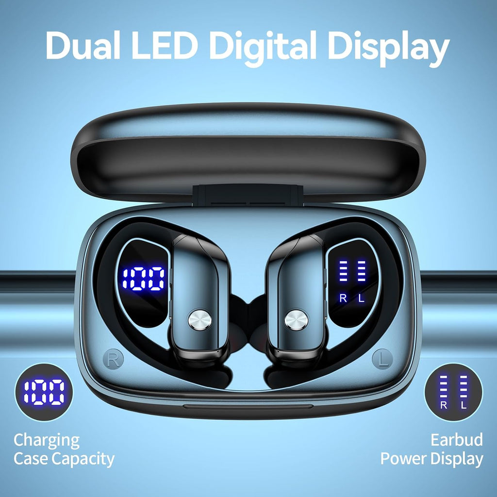 Ear Buds Wireless Earbuds Bluetooth Headphones with 80H Playtime LED Display Case, Over-Ear Hook with Mic, Stereo