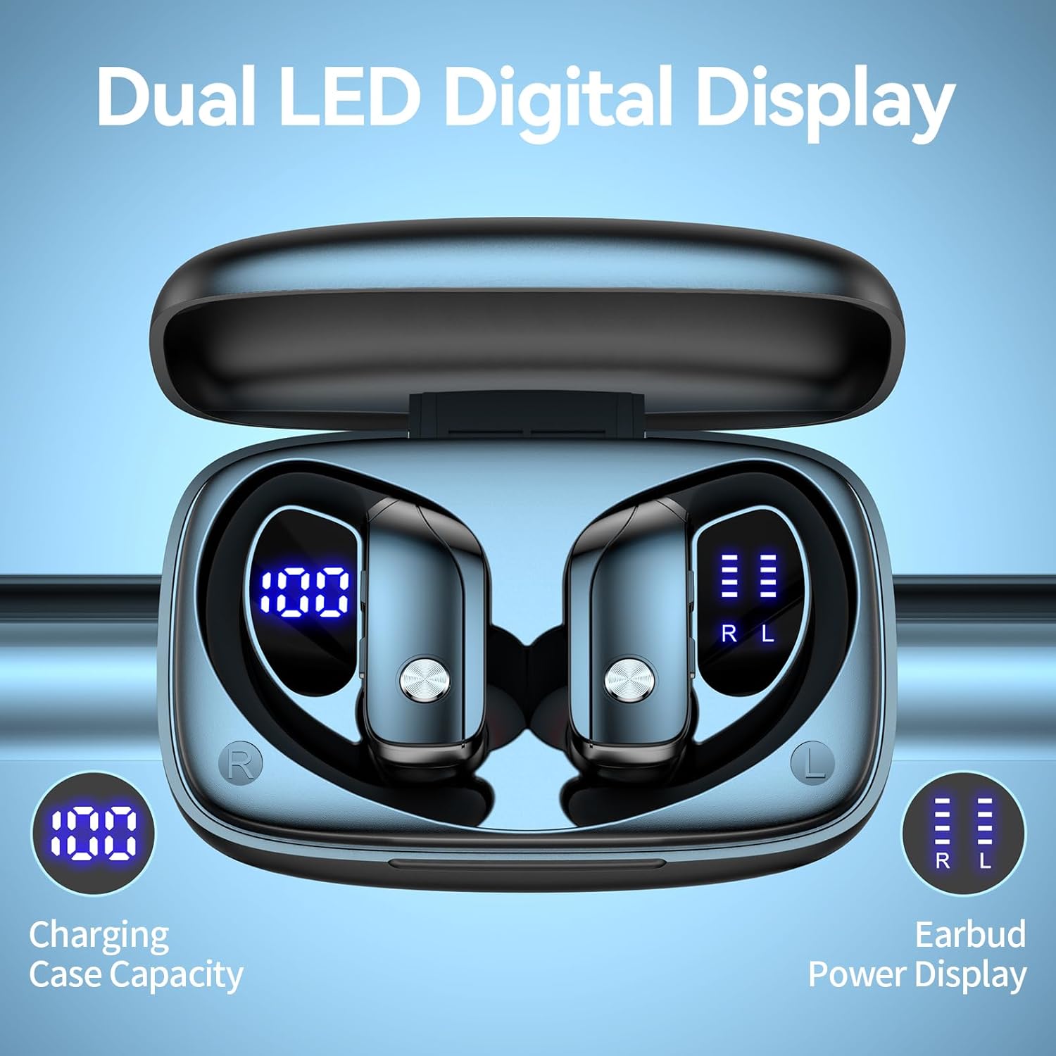 Ear Buds Wireless Earbuds Bluetooth Headphones with 80H Playtime LED Display Case, Over-Ear Hook with Mic, Stereo