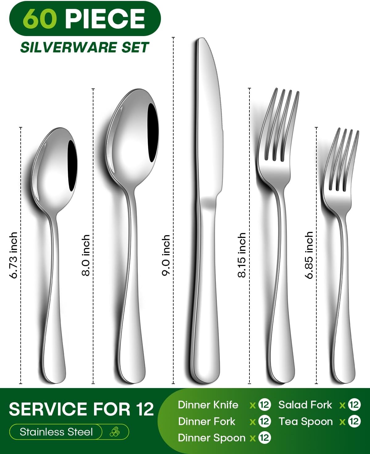 60 Piece Silverware Set, Stainless Steel Flatware Set for 12 Food Grade Novelty Flatware Cutlery Utensil Set Include