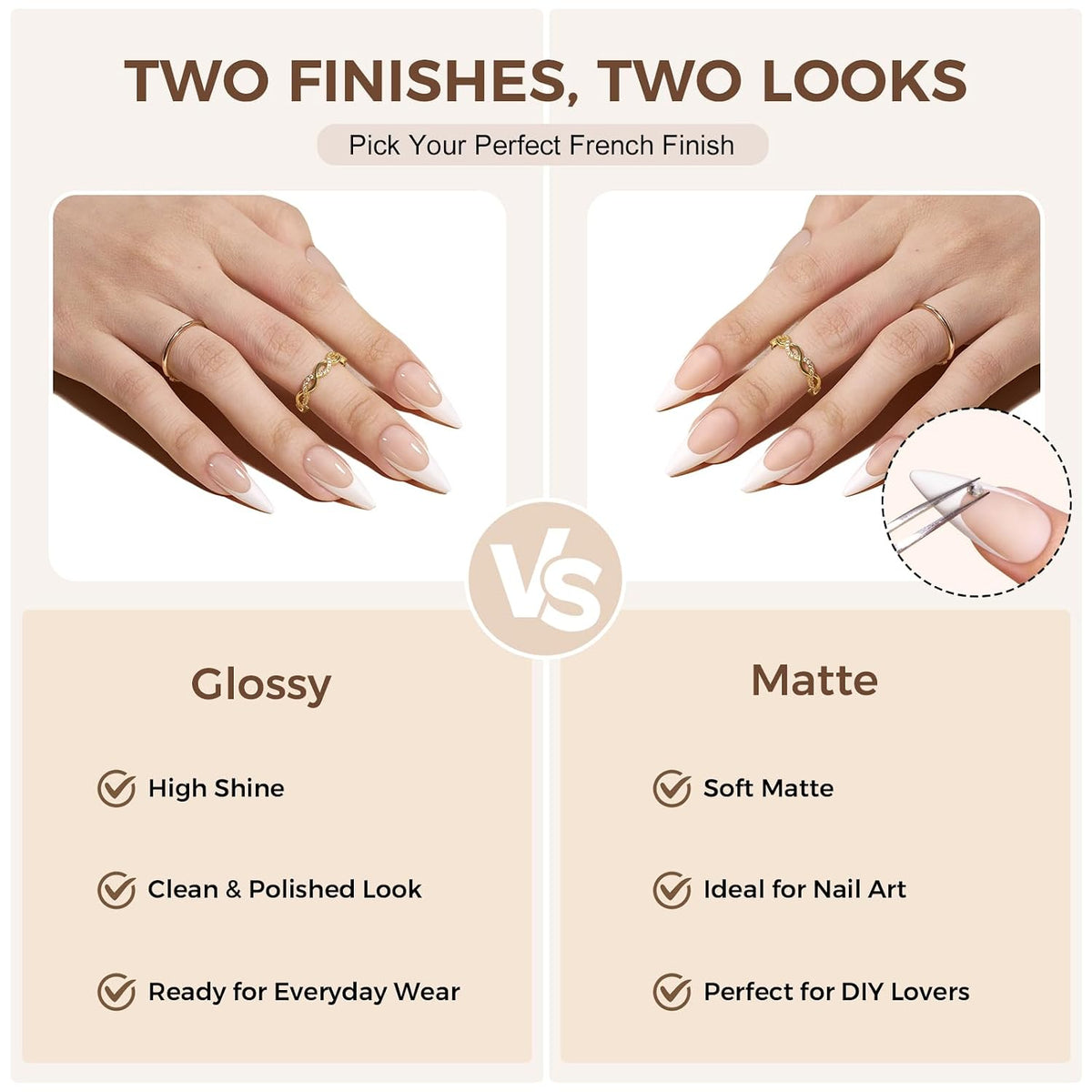 French Tip Press On Nails: 160 Pcs, Glossy Finish, Medium Stiletto