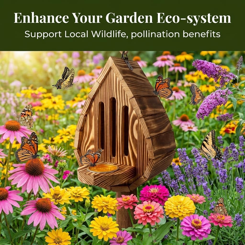 Teardrop Wooden Butterfly House, Hanging Outdoor Butterfly Shelter and Feeder with Rope for Garden Patio Yard Decor