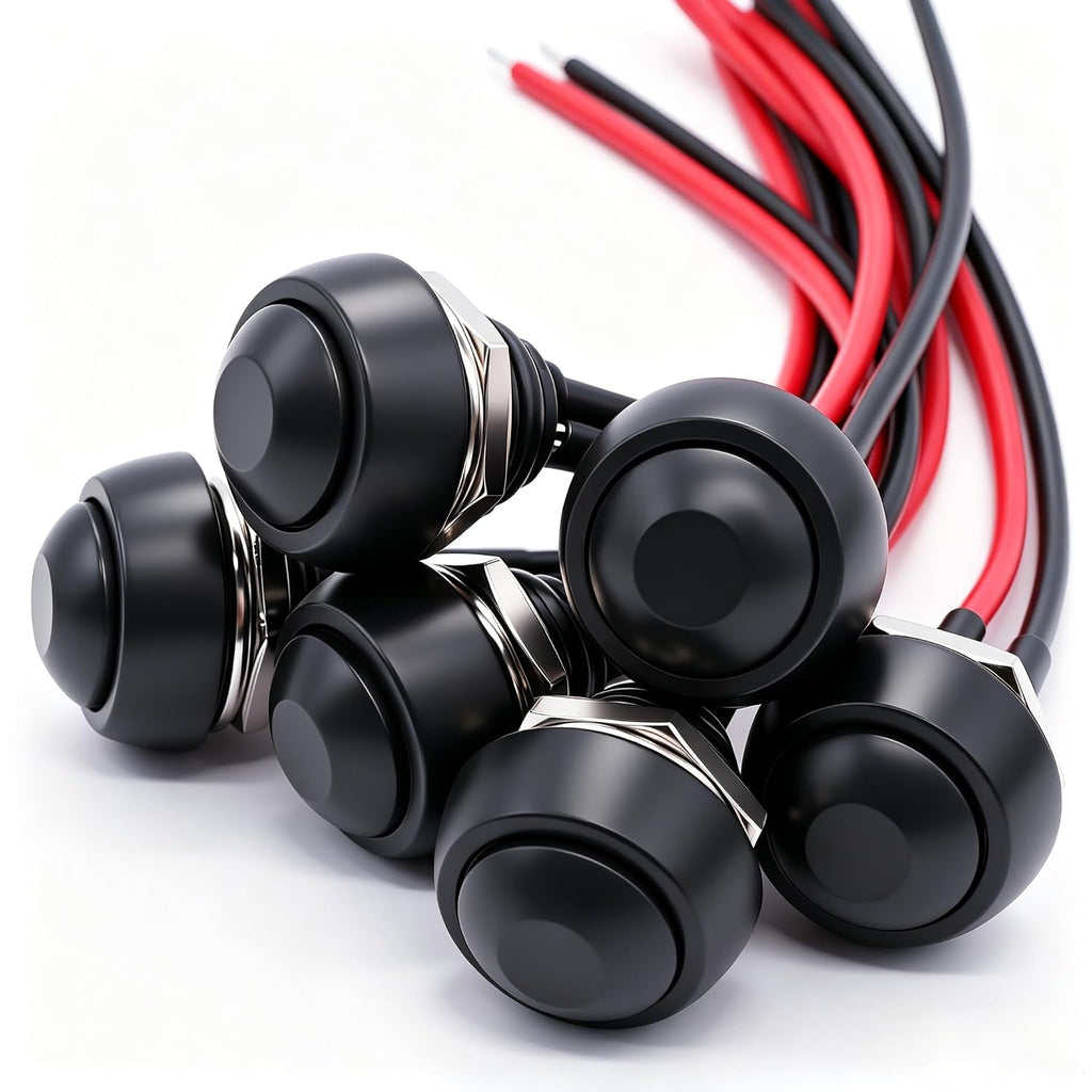 Twidec/6Pcs 12mm Momentary Push Button Switch 1/2" Mounting Hole On Off Mini Round Waterproof Black with Pre-soldered Wires PBS-33B-BK-X