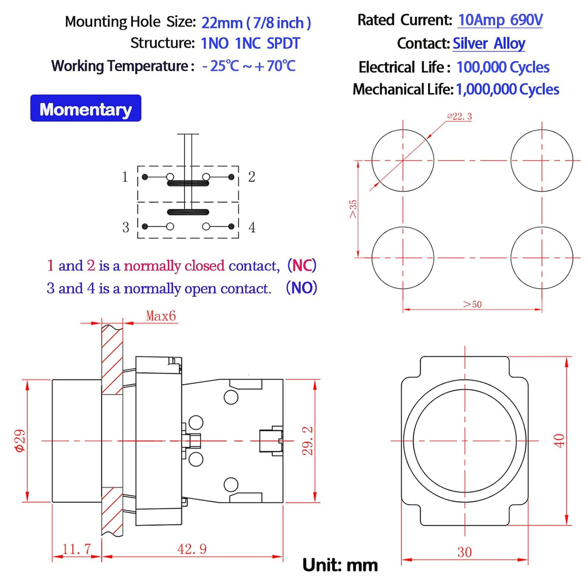 2Pcs 10Amp 22MM Momentary Push Button Switch Blue 1NO 1NC SPDT Metal Button IP65 Waterproof 7/8" Hole
