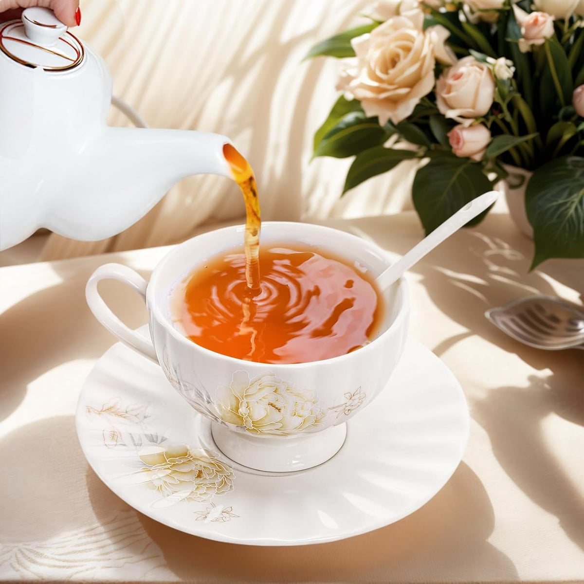 Tea Cups and Saucers Set of 6, 7 Oz, Microwave Safe