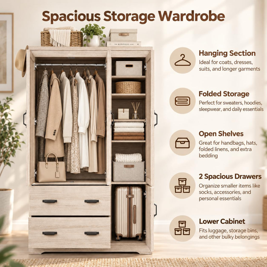 70" Freestanding Wardrobe Closet (Natural Oak)