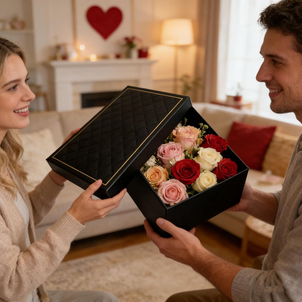 Black Gift Box with Lids, 9.84" x 7.09" x 3.35" Large Gift Box for Presents, Complete Set with Luxury Filler, Card