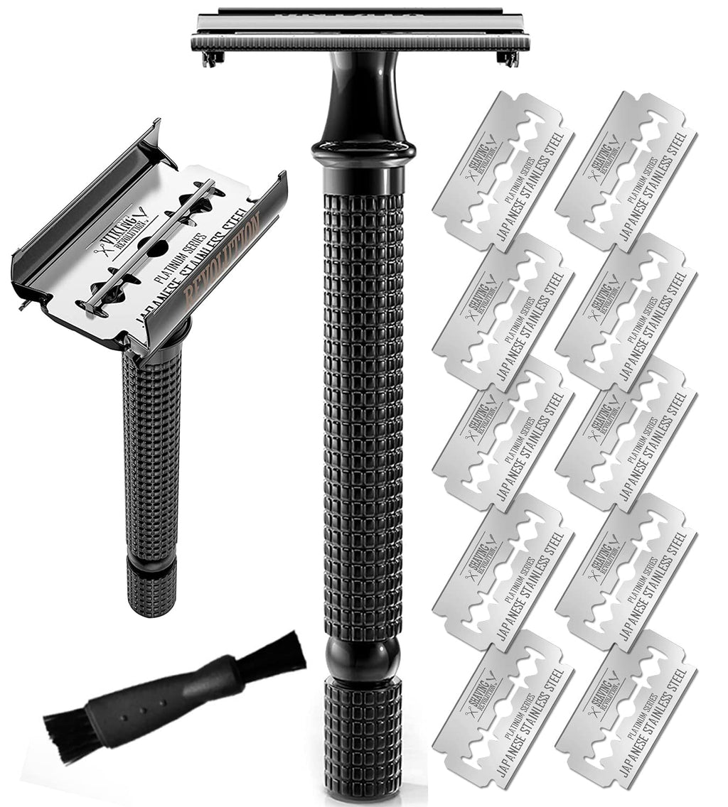 Long Handle Double Edge Safety Razor - 12 Piece Set | Butterfly Open Design - Includes 10 Stainless Steel Blades