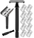 Long Handle Double Edge Safety Razor - 12 Piece Set | Butterfly Open Design - Includes 10 Stainless Steel Blades