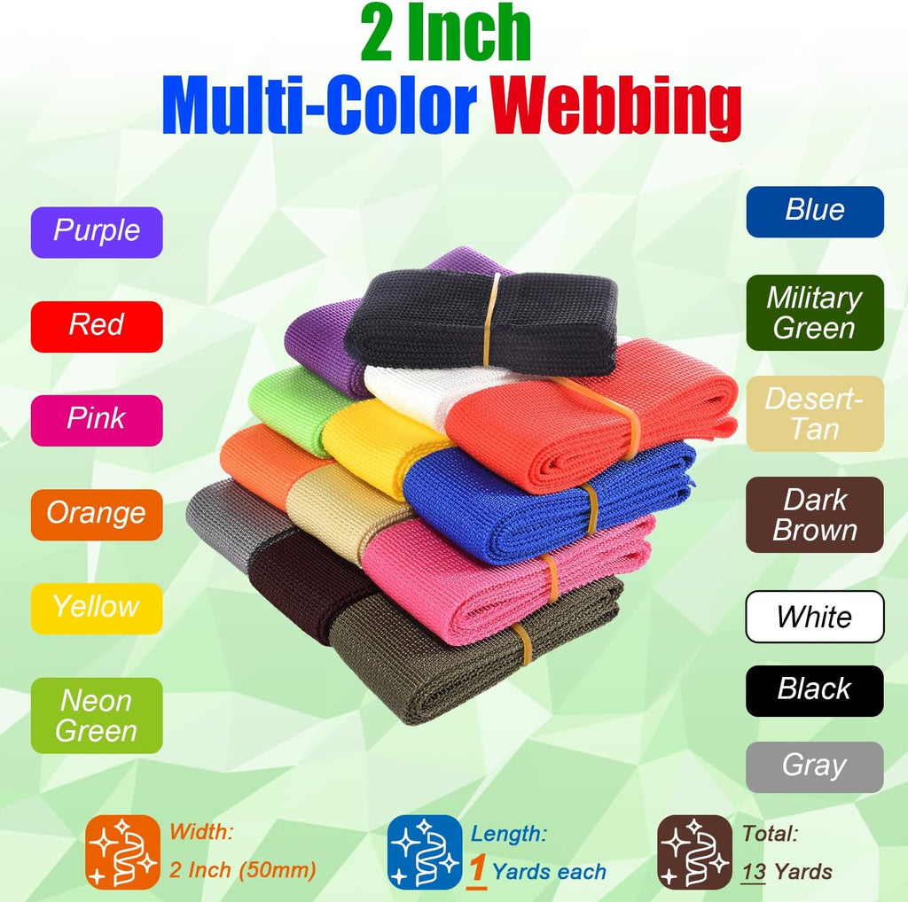 13 Rolls Webbing Strap 2 Inch Polyester Webbing 13 Colors &13 Yards 2" Webbing Strapping for Bags/Lawn Chair DIY