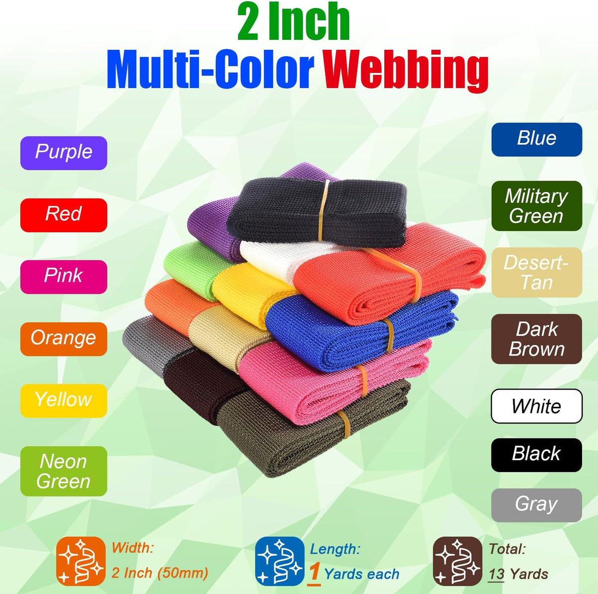 13 Rolls Webbing Strap 2 Inch Polyester Webbing 13 Colors &13 Yards 2" Webbing Strapping for Bags/Lawn Chair DIY