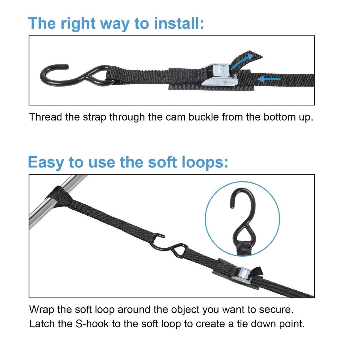 Cam Buckle Tie Down Straps with Hook 1" x 8' with Extra Soft Loops