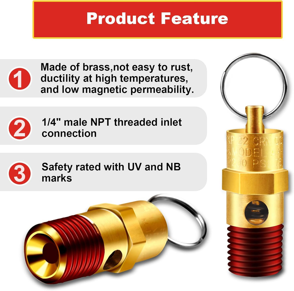 1/4'' NPT Male 150 PSI Air Compressor Pressure Relief Valve Brass