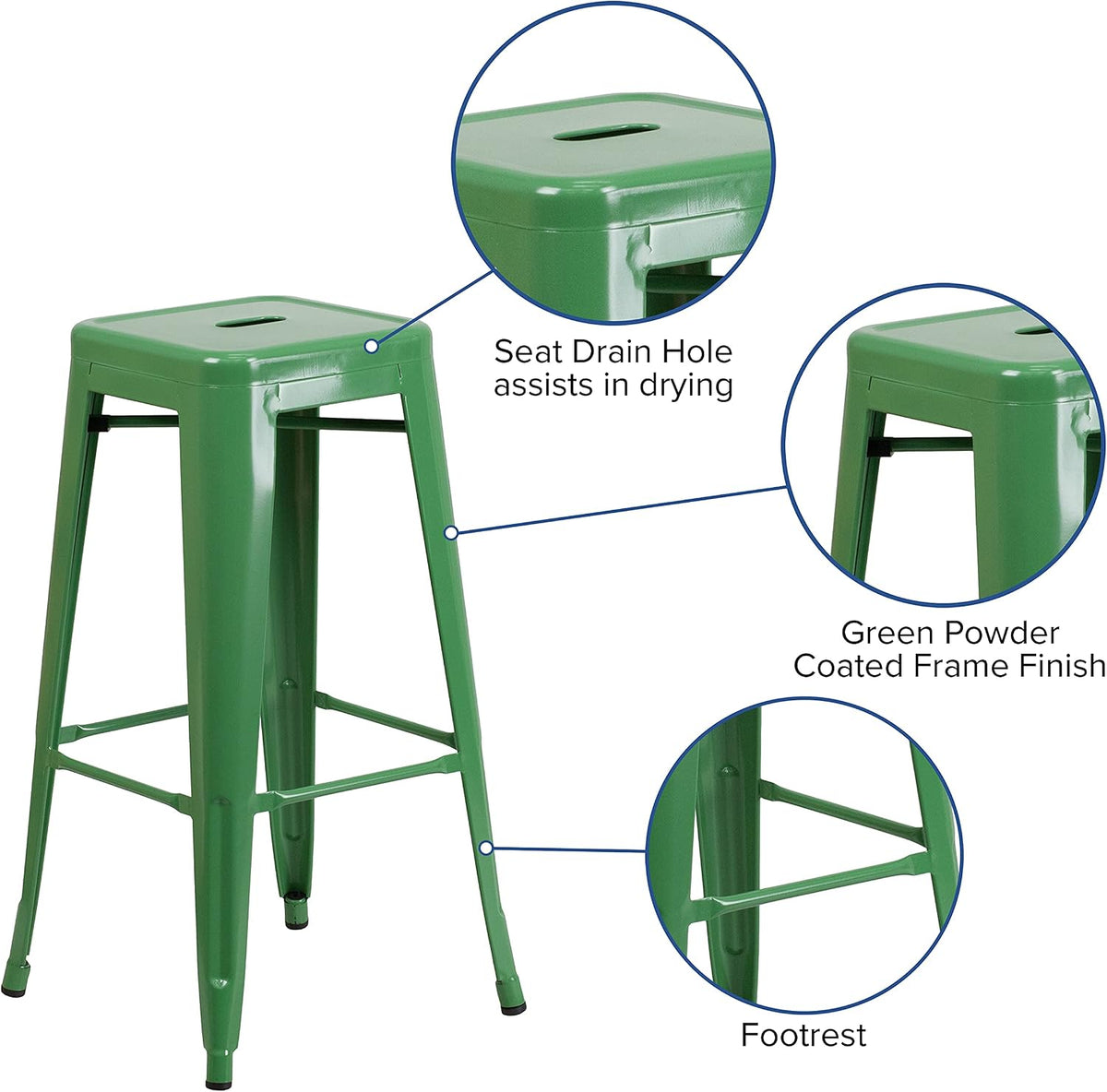 Commercial Grade 30" H Backless Green Metal Indoor-Outdoor Barstool, Square