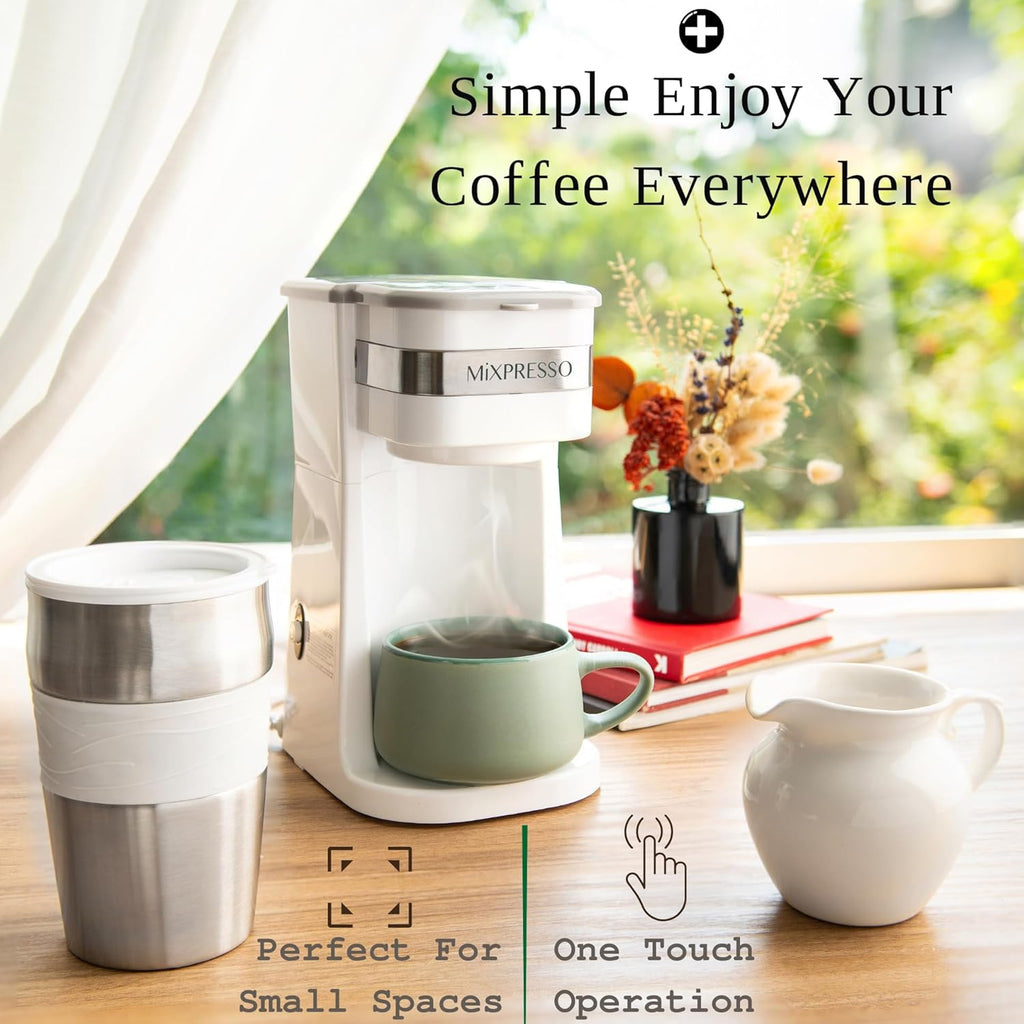 Single Serve & Single Cup Coffee Maker with 14oz Travel Mug White | For ground coffee only, reusable filter, auto