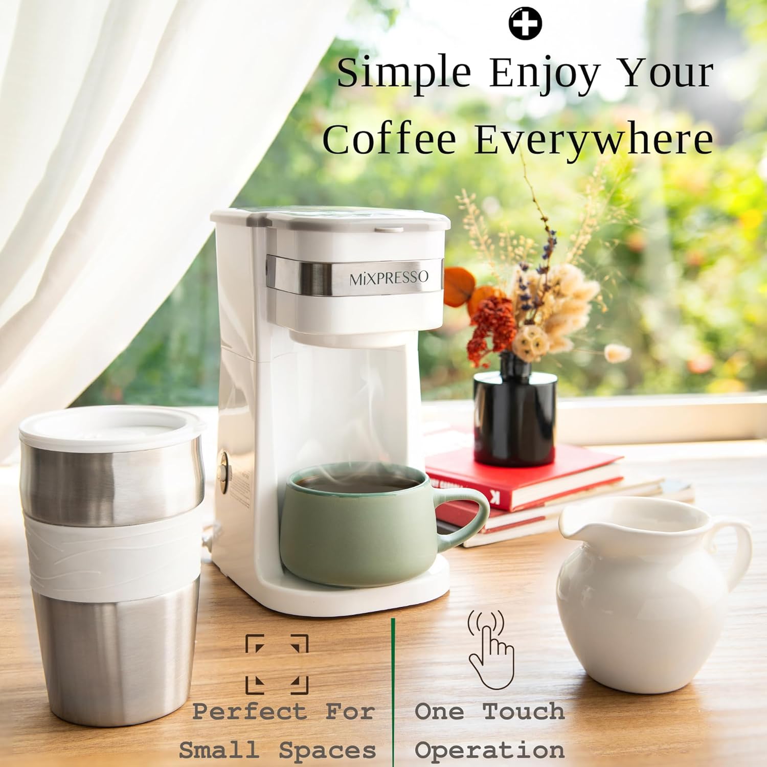 Single Serve & Single Cup Coffee Maker with 14oz Travel Mug White | For ground coffee only, reusable filter, auto