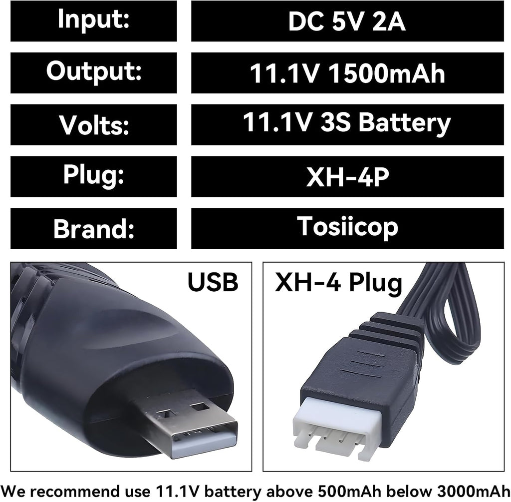 11.1V Battery Charger Airsoft - 2A 1500mAh USB Chargers with XH-4P Plug Gel Blaster 3S Lipo Battery 11.1 Volt Li-ion