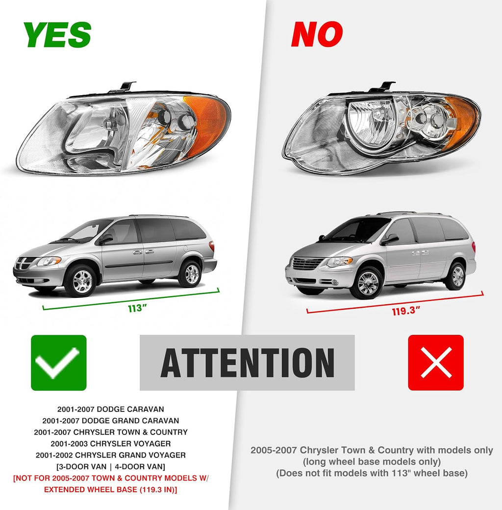 for 2001-2007 Dodge Caravan Headlights Assembly Chrome Pair