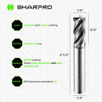 SHARPRO 1/4'' Shank Carbide End Mills, 4 Flute Square End Mill Bits
