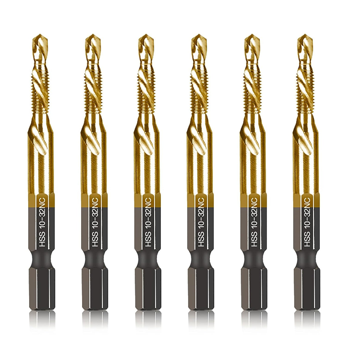 6-pc 10-32NC Combination Drill Tap Bit Set SAE, 10-32NC Thread Size, Titanium Coated High-Speed Steel, Ideal for Drilling Threading and Countersinking in Soft Metal Wood and Plastic, 1/4” Hex Shank