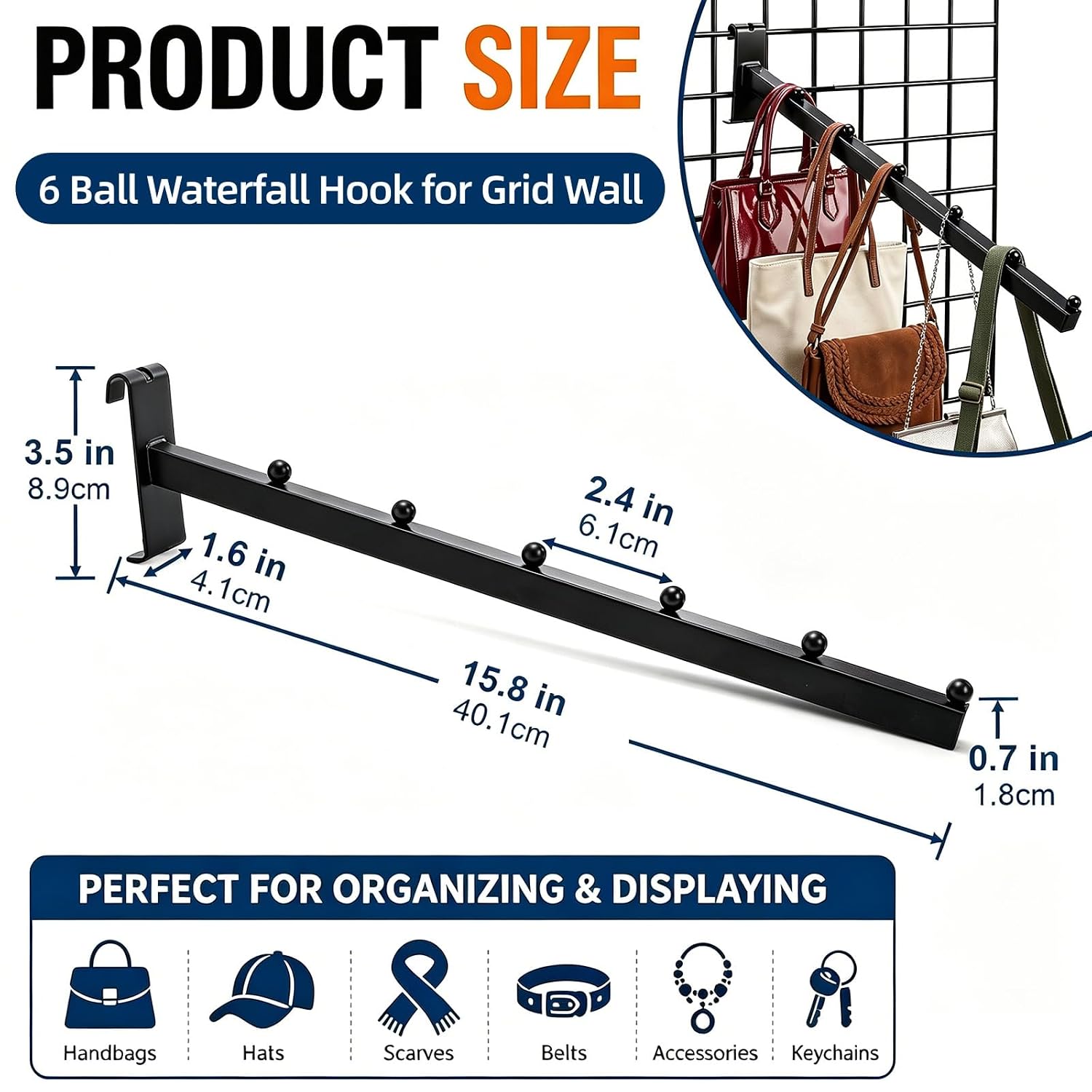 6 Pack 6 Ball Waterfall Hooks for Grid Wall, 15.8 Inch | Waterfall Hook Hangers, Black Gridwall Hooks, Heavy Duty