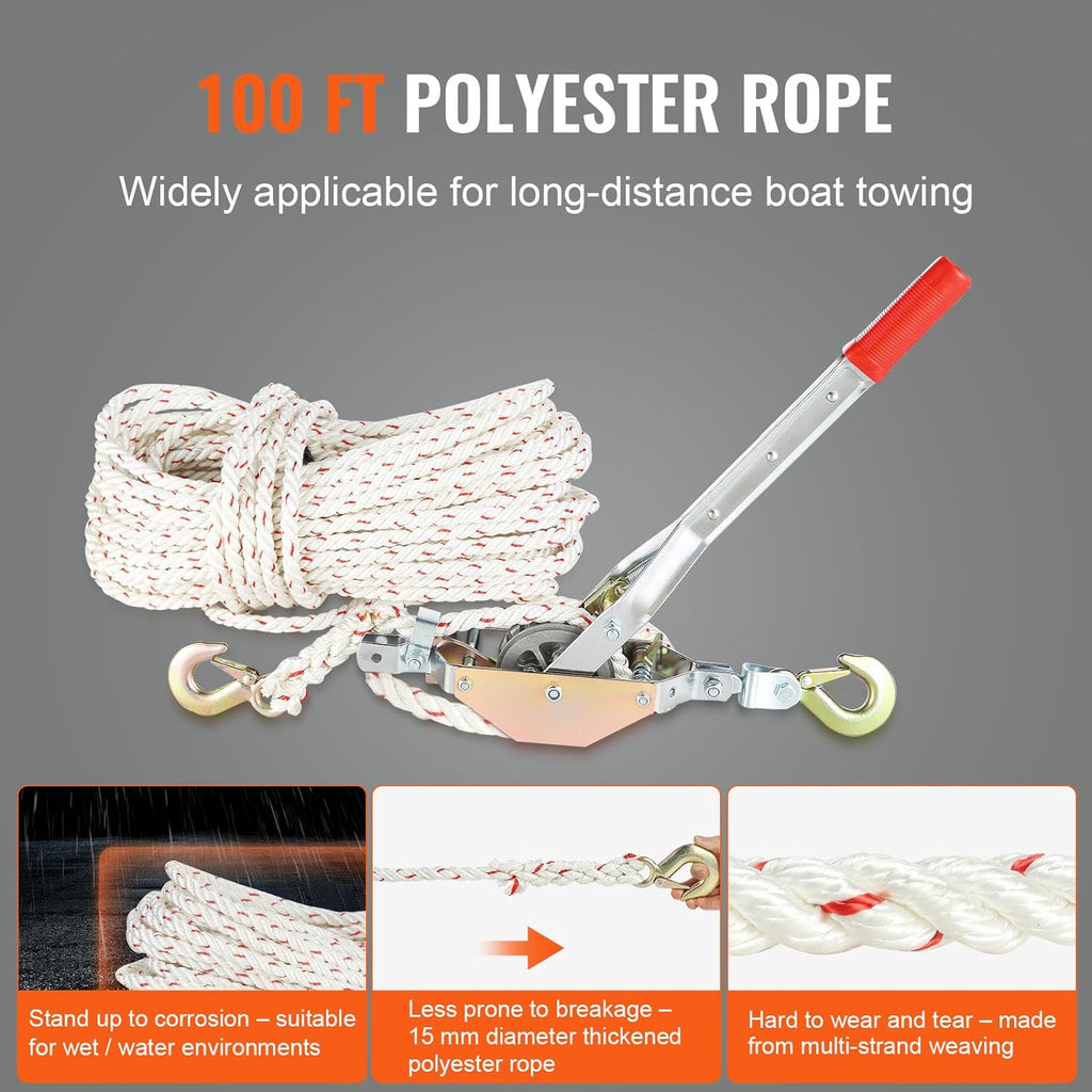 Rope Puller, 3/4 Ton (1,653 lbs) Pulling Capacity, with 100' of 0.6" dia. Rope, 2 Hook, Come Along Winch, Heavy Duty