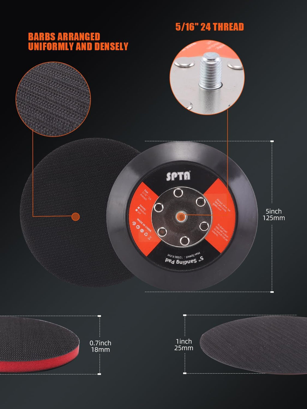 5"(125mm) Backing Pad Hook and Loop Backing Plate 5/16"-24 Thread DA Air Random Orbital Sander/Polisher Backing Pad