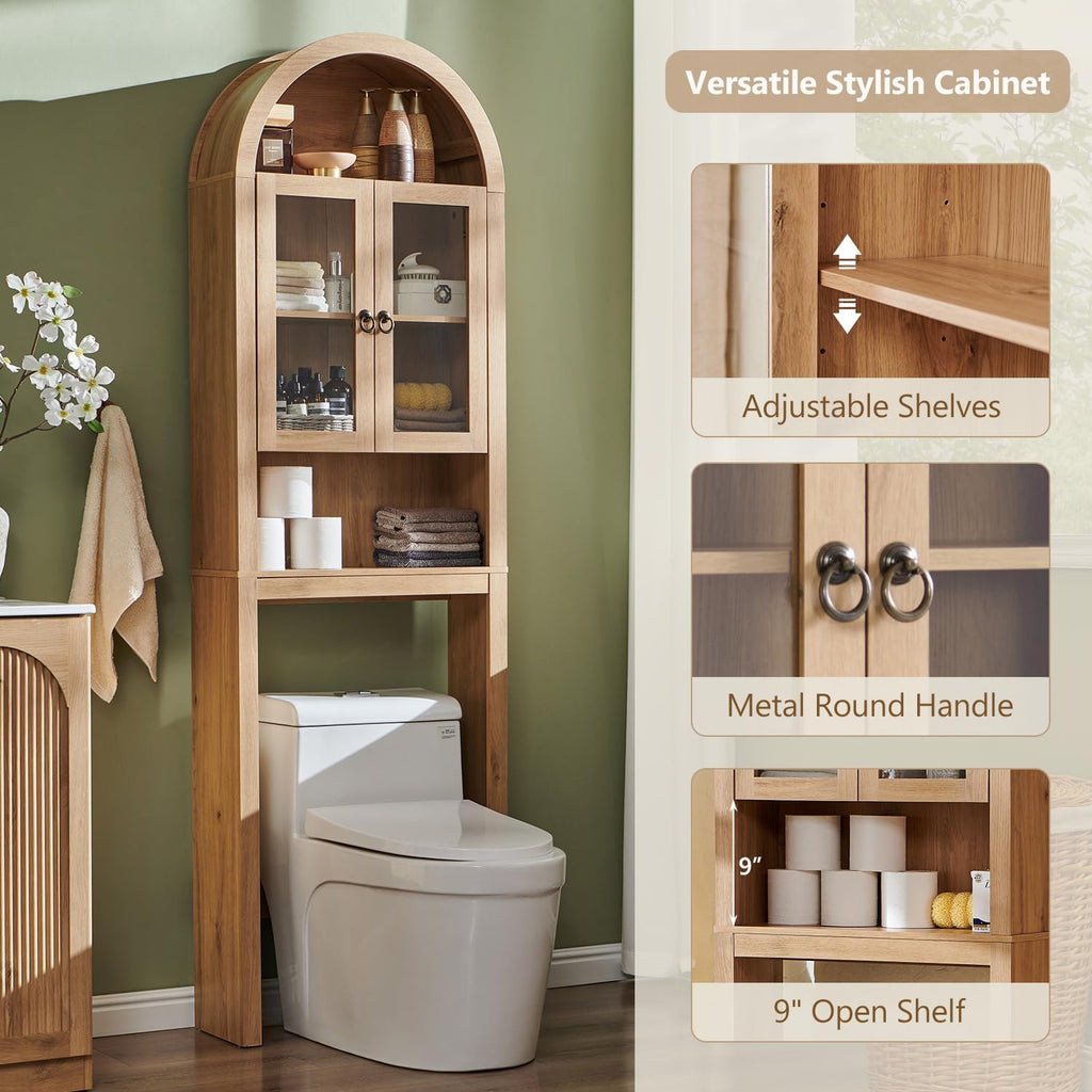 Arched Over The Toilet Storage Cabinet with Acrylic Doors, Modern Over Toilet Bathroom Organizer Shelf, Small Wooden