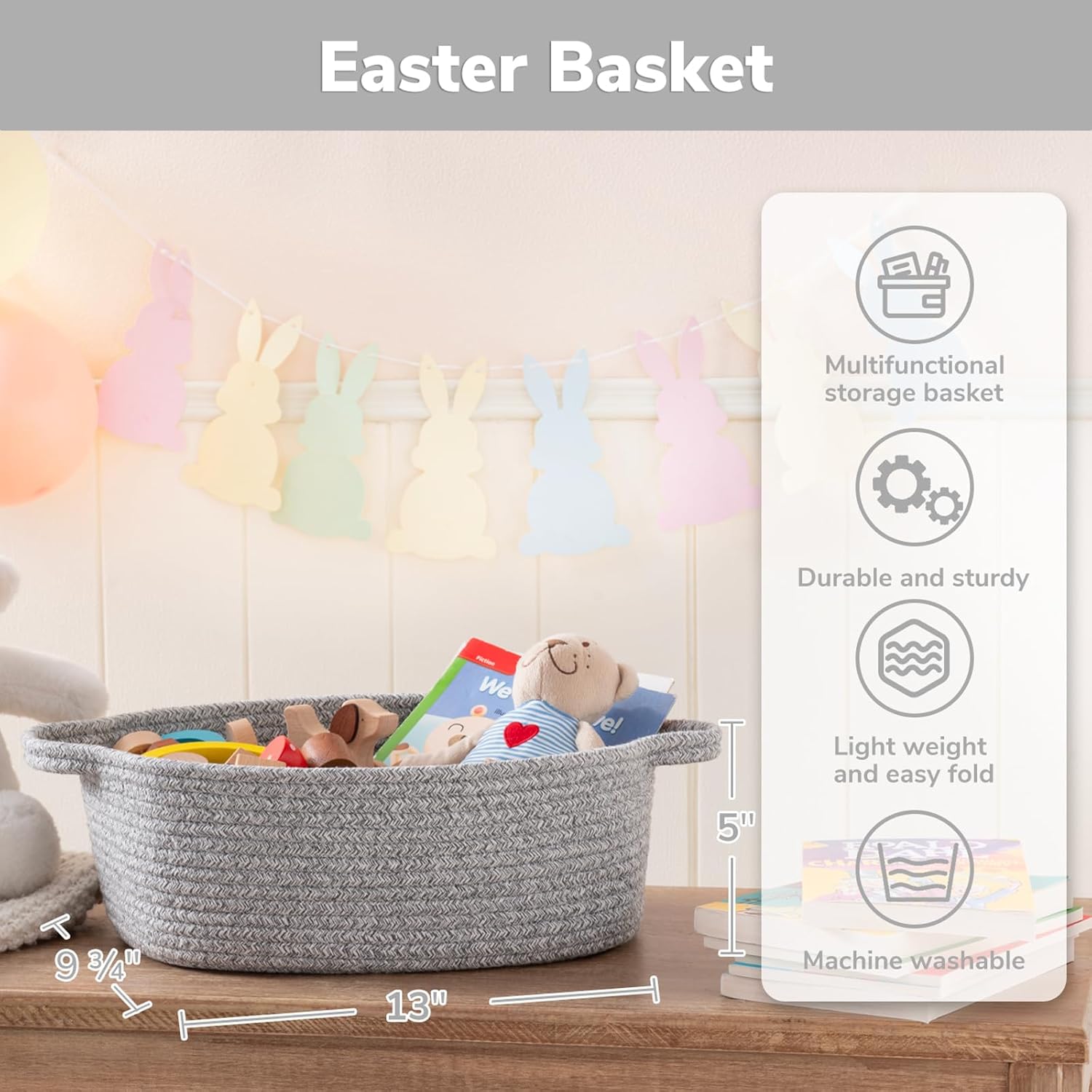 Decorative Gift Basket, Easter Basket for Kids, Woven Rope Storage Baskets with Handles, Nursery Baby Shower Toy