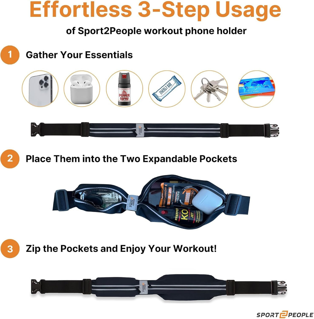Running Belt for Women and Men, Waterproof Phone Holder for Running, Reflective 2-Pocket Waist Pack for Storing