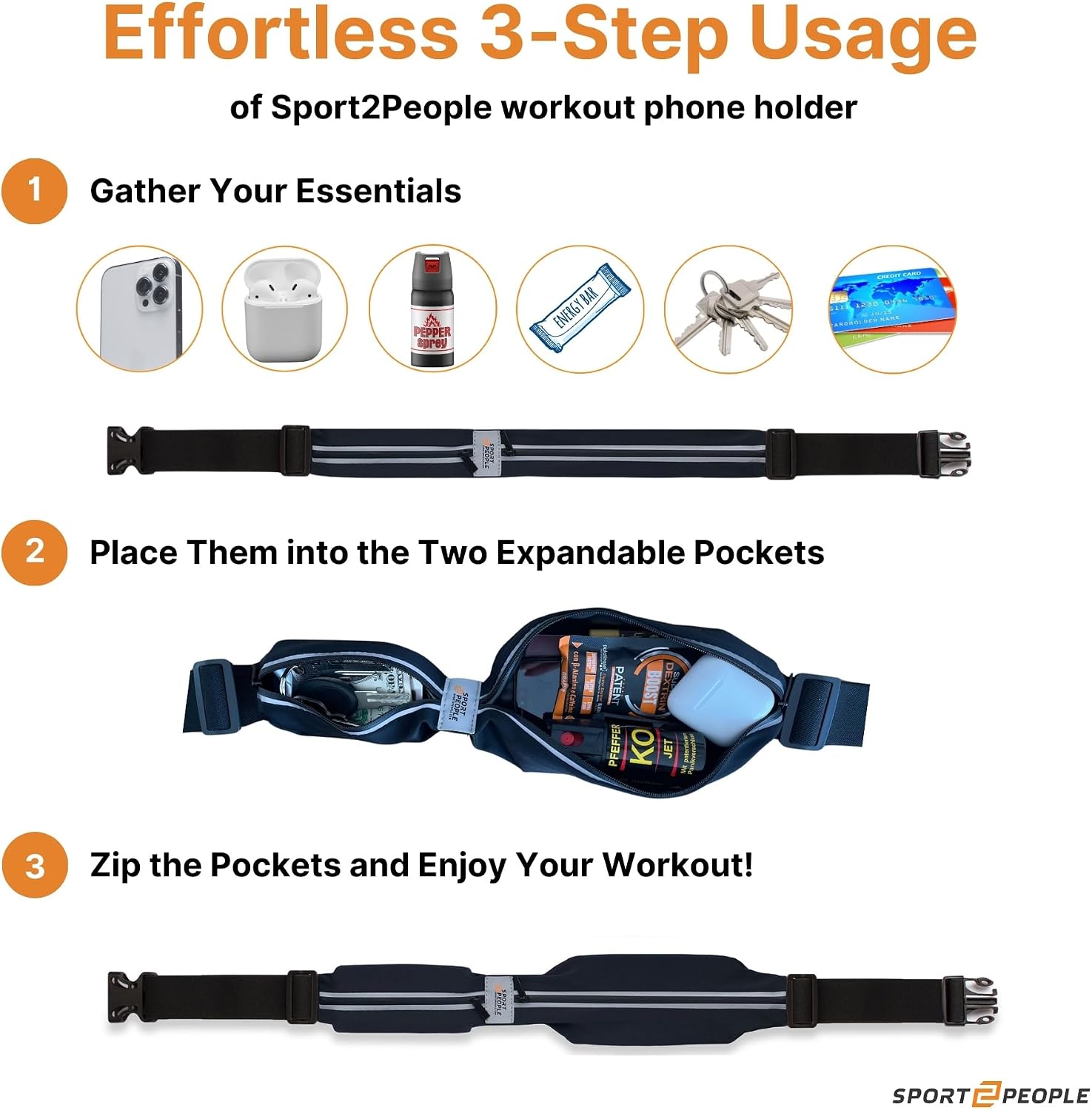 Running Belt for Women and Men, Waterproof Phone Holder for Running, Reflective 2-Pocket Waist Pack for Storing